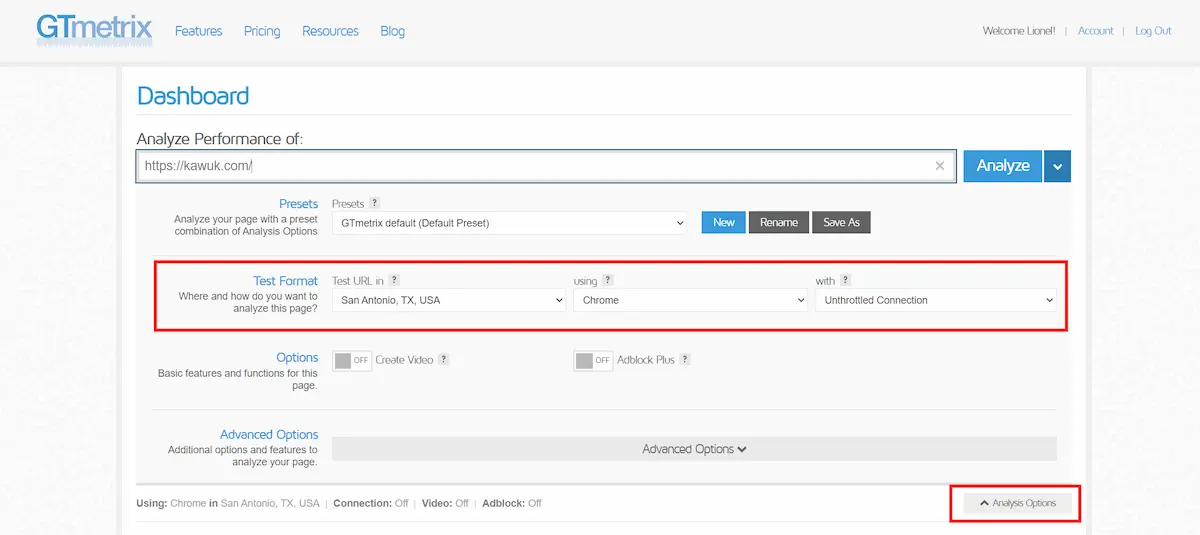 écran de configuration des spécificité d'analyse GTMetrix